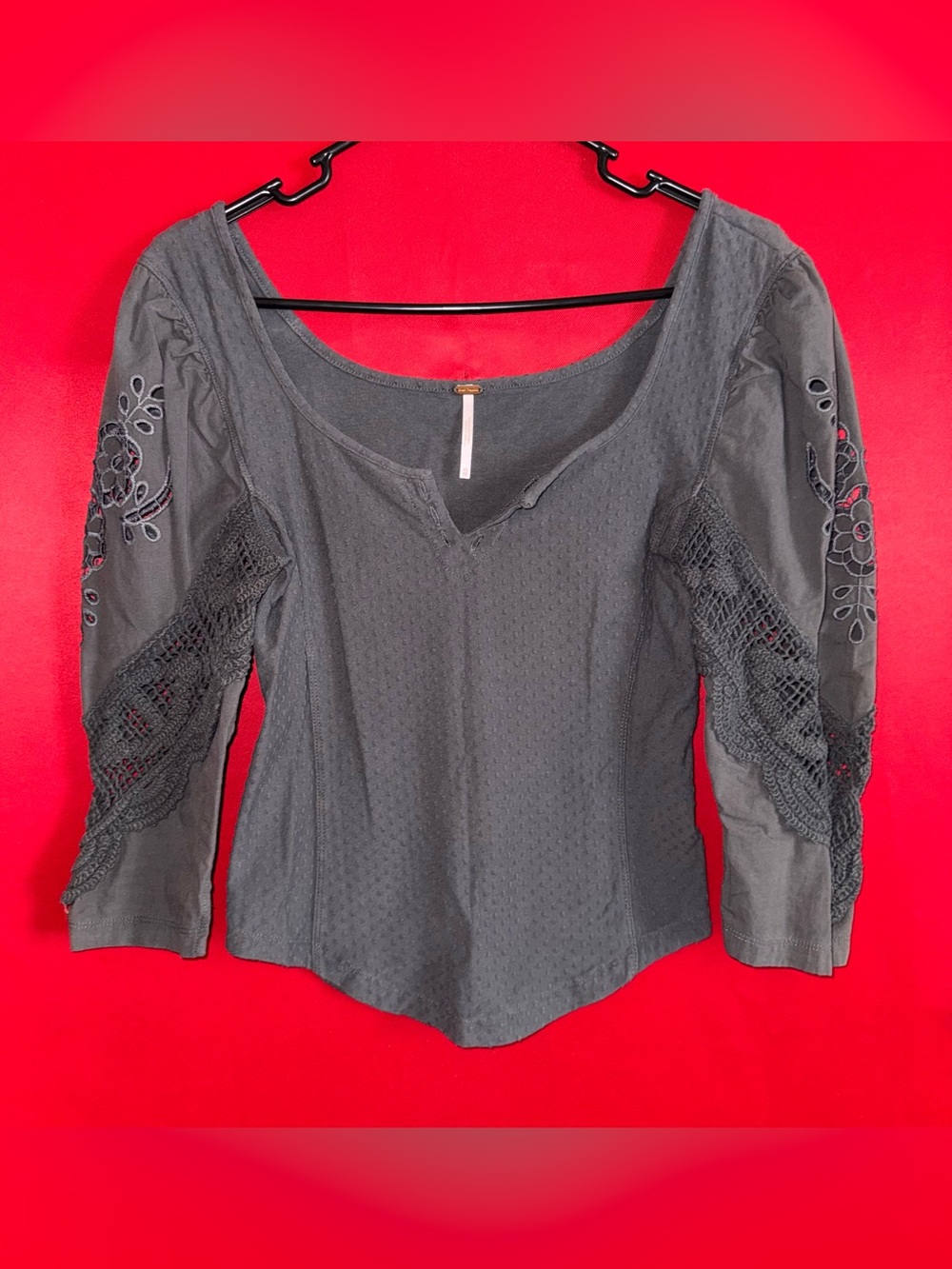 🔥#458-Free People Charcoal Crochet-Detail Scoop Neck Blouse  Sz.XS